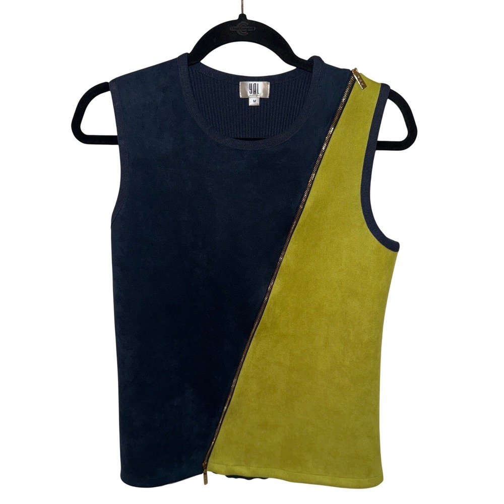 YAL New York Women's M Navy Blue Lime Green Asymmetrical Zip Faux Suede Knit Top